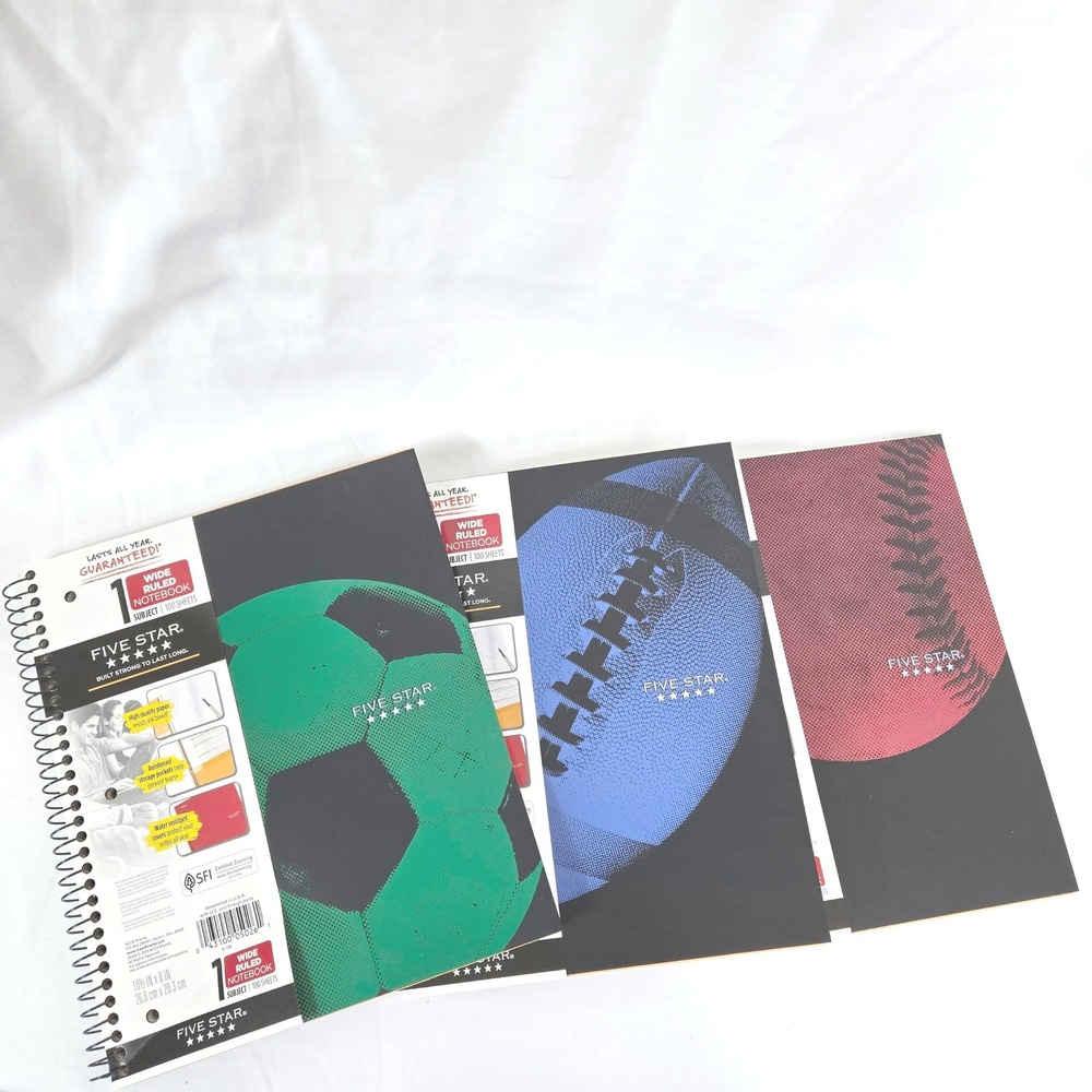 Five Star Sports Theme 1 Subject Wide Ruled 3Pack 100 Sheet Spiral Notebook NEW